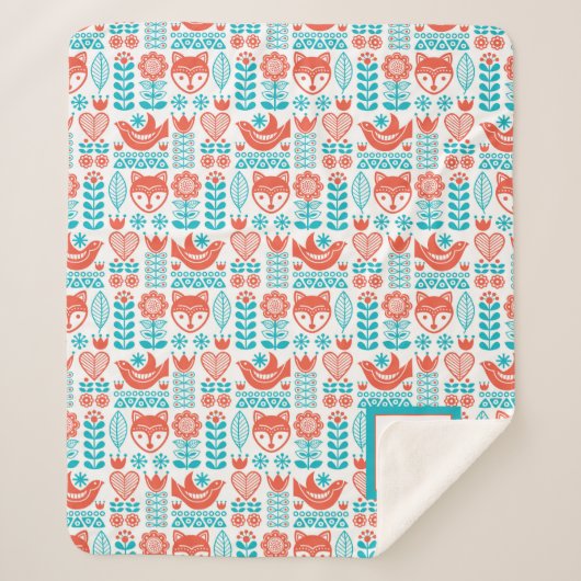 モノグラム|のフィンランドのキツネ及び鳥の民芸パターン シェルパブランケット (正面)