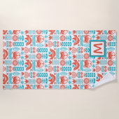 モノグラム|のフィンランドのキツネ及び鳥の民芸パターン ビーチタオル (正面)