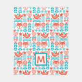 モノグラム|のフィンランドのキツネ及び鳥の民芸パターン フリースブランケット (正面)