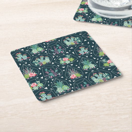 モノグラム|の幾何学的なSucculentsパターン スクエアペーパーコースター (アングル)