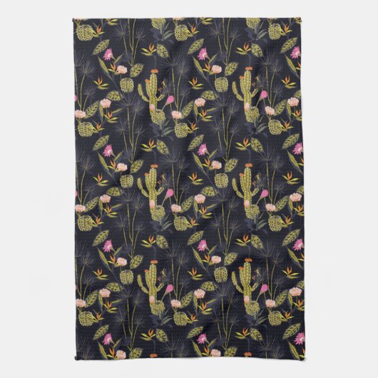 モノグラム|の暗い夏の夜のサボテンパターン キッチンタオル (縦)