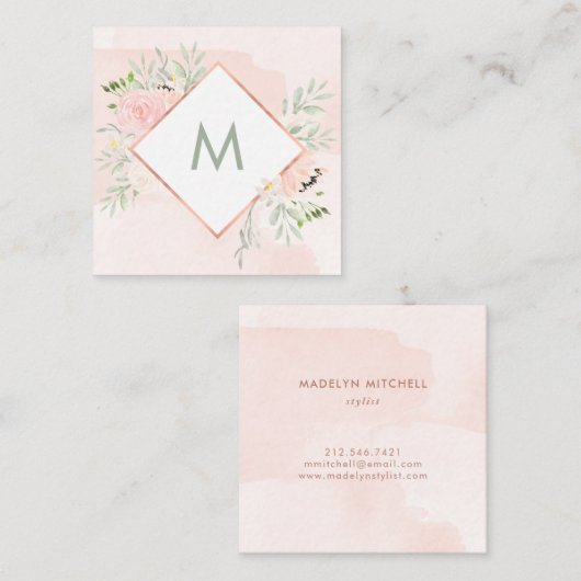 モノグラム|の水彩画の洗浄との春の花柄 スクエア名刺 (正面/裏面)