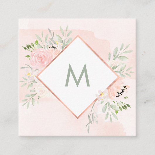 モノグラム|の水彩画の洗浄との春の花柄 スクエア名刺 (正面)