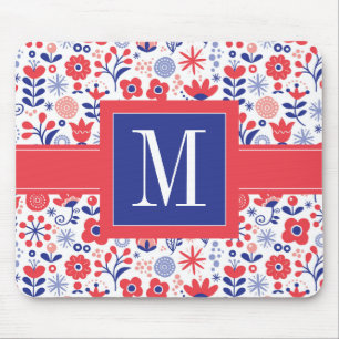 モノグラム の青い及び珊瑚の花パターン マウスパッド