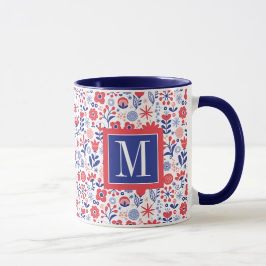 モノグラム|の青い及び珊瑚の花パターン マグカップ (右)