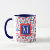 モノグラム|の青い及び珊瑚の花パターン マグカップ (左)