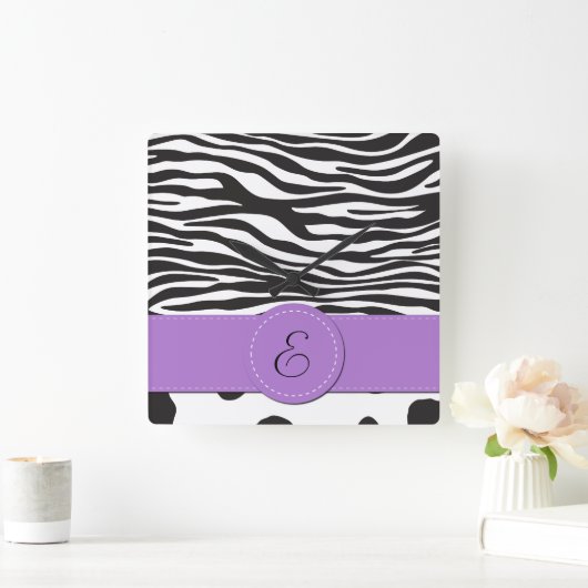 モノグラム-アニマルプリント、牛、シマウマ-白黒 スクエア壁時計 (ホーム)