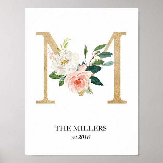 モノグラム アート プリント、文字 M、ウェディング、ベビー ポスター (正面)