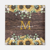 モノグラム イエロー ヒマワリ ユーカリ ブラウン ウッド マグネット (正面)