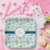 モノグラム ウェディング ボーホー ブルー 水彩 フラワー ペーパープレート (パーティー)