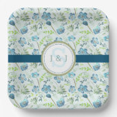 モノグラム ウェディング ボーホー ブルー 水彩 フラワー ペーパープレート (正面)
