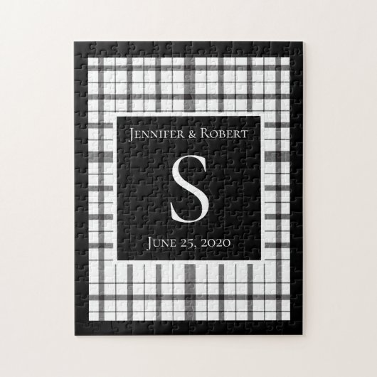 モノグラム ウェディング 黒と白のチェック柄 ジグソーパズル (縦)