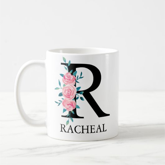 モノグラム ウォーターカラー カスタム 単一文字 R コーヒーマグカップ (左)