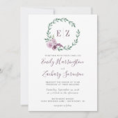 モノグラム ウォーターカラー パープル フローラル リース ウェディング 招待状 (正面)