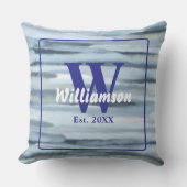 モノグラム ウォーターカラー 青 灰色 ストライプ 航海 クッション (正面)