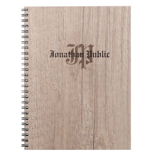 モノグラム・ウッド・ボード・ルック・オールド・スクリプト・テンプレート ノートブック (正面)