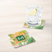 モノグラム |エキゾチックな花の水彩 スクエアペーパーコースター (インサイチュ)