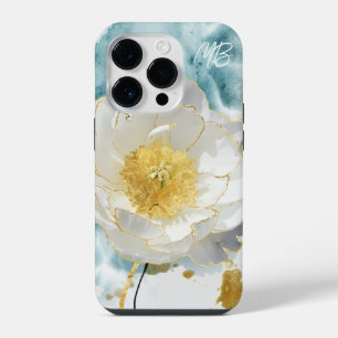 モノグラム エレガント シンプル 白い花 水彩画 iPhone 14 PROケース