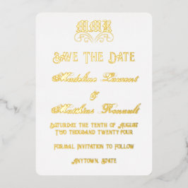 モノグラム エレガント ホワイト ゴールド セーブ・ザ・デート 箔招待状