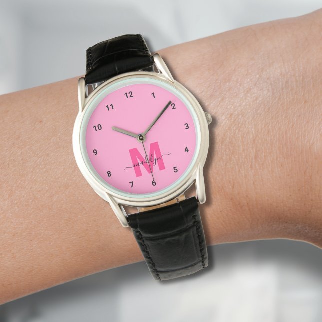 モノグラム エレガント ミニマリスト ピンク 腕時計 (Elegant Minimalist Pink Monogram Watch)