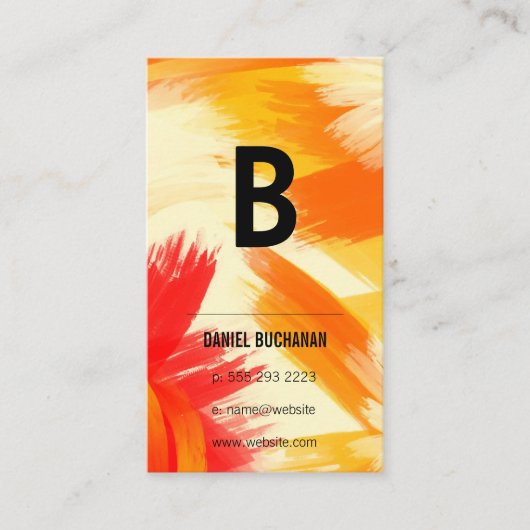 モノグラム | オレンジ色の赤いブラシストローク 名刺 (正面)