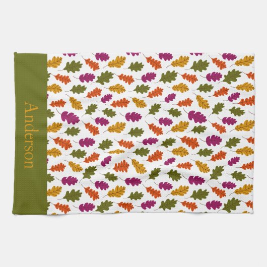 モノグラム オータムリーフ 秋の落ち葉 グリーン イエロー キッチンタオル (横)