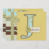 モノグラム(カエルとストライププリントのベビーシャワー) 招待状 (正面/裏面)