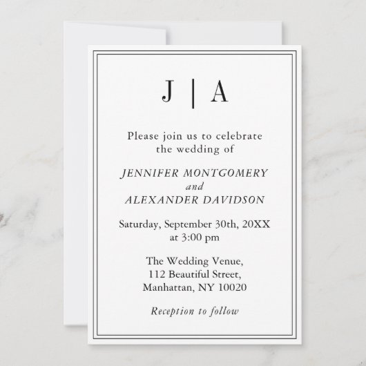 モノグラム カップル名 現代 簡潔 黒と白 招待状 (正面)