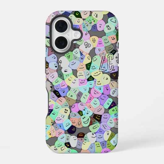 モノグラム | カラフルな顔の群衆 | iPhone 16ケース (裏面)