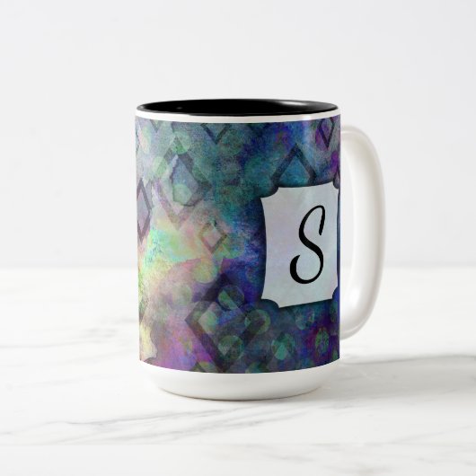 モノグラム、カラフルダイヤモンド付き水彩抽象芸術 ツートーンマグカップ (正面右)