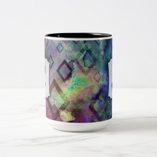 モノグラム、カラフルダイヤモンド付き水彩抽象芸術 ツートーンマグカップ (中央)