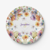 モノグラム カラフル ワイルド フラワー イラスト ペーパープレート (正面)