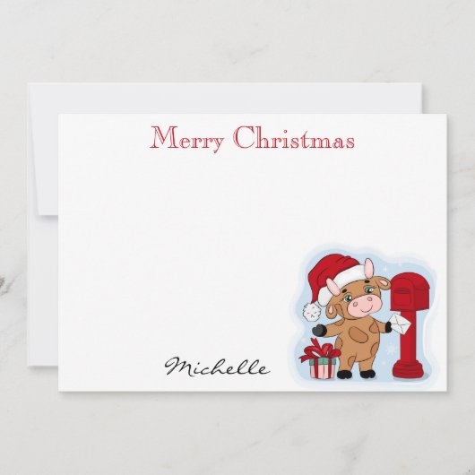 モノグラム クリスマス ホリデー かわいい 牛 パーソナライズド ノートカード (正面)