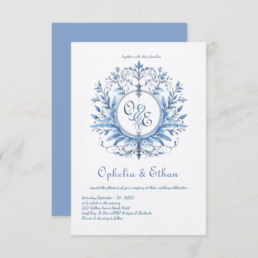 モノグラム クレスト ロココ ブルー 結婚式 招待状 (正面/裏面)