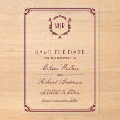 モノグラム クレスト ワインレッド 結婚式 Save the Date アクリル招待状 (正面)