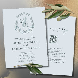 モノグラム クレスト QRコード 返信 ダスティーブルー 結婚式 招待状