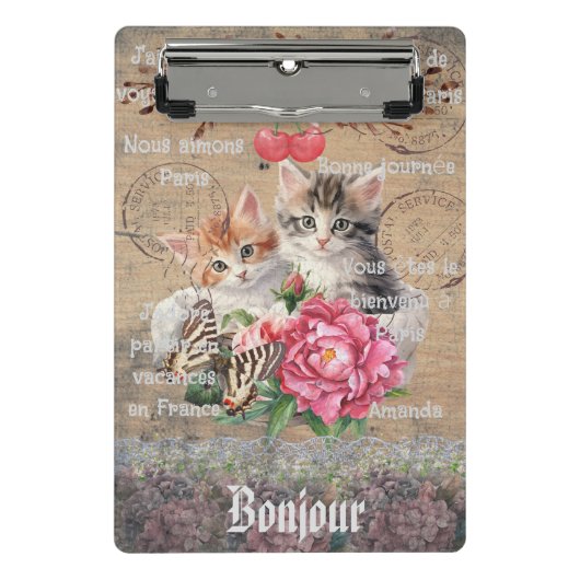 モノグラム グランジ 木製 花柄 猫 フランス風 ミニクリップボード (正面)