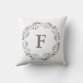 モノグラム グレー ピンク フラワー エレガント クッション (裏面)