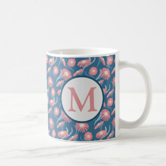 モノグラム コーヒーマグ ピンクの花 ブルー お母さま 女性用 コーヒーマグカップ