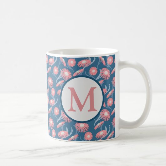 モノグラム コーヒーマグ ピンクの花 ブルー お母さま 女性用 コーヒーマグカップ (右)