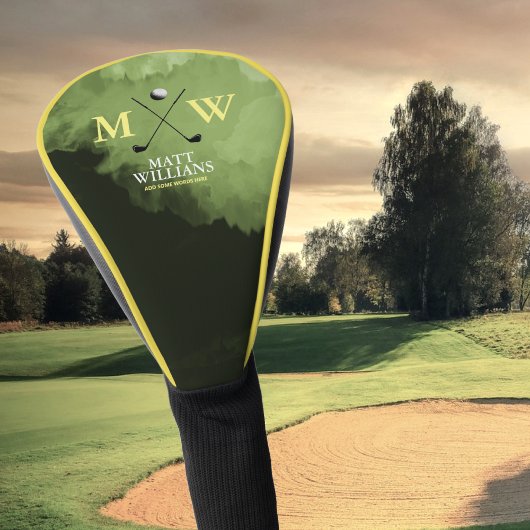 モノグラム(ゴルファーの名前とイニシャル)黄色の緑 ゴルフヘッドカバー