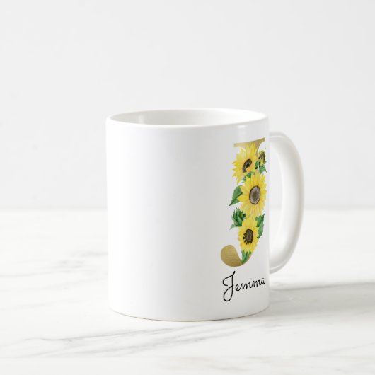 モノグラム ゴールド ひまわり ガーリー フラワープリントイニシャルJ コーヒーマグカップ (正面右)