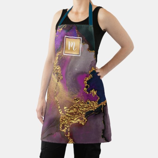 モノグラム ゴールド パープル グリーン アゲート 水彩 ボールド エプロン (インサイチュ)