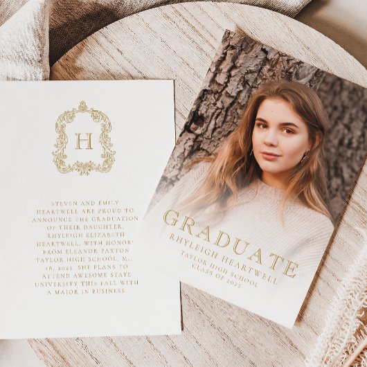 モノグラム ゴールド ホワイト フォト 卒業発表 招待状