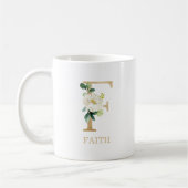 モノグラム ゴールド レター F | 花柄 ピンク 白 緑 コーヒーマグカップ (左)