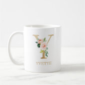 モノグラム ゴールド レター Y | フラワーピンク ホワイト グリーン コーヒーマグカップ (左)