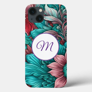 モノグラム、シアンブルー、赤お洒落、花 iPhone 13ケース