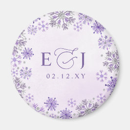 モノグラム シルバー パープルの雪の結晶 冬の結婚式 マグネット