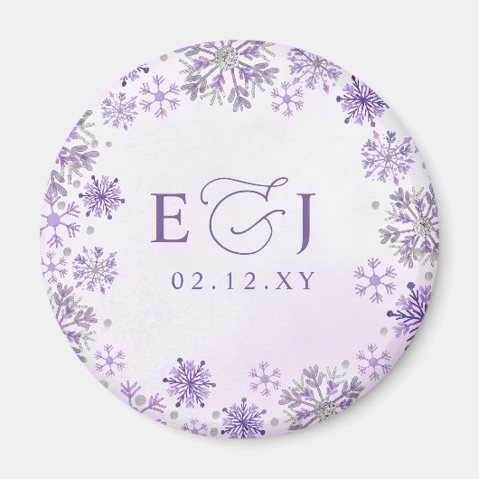 モノグラム シルバー パープルの雪の結晶 冬の結婚式 マグネット (正面)