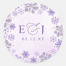 モノグラム シルバー パープルの雪の結晶 冬の結婚式 ラウンドシール